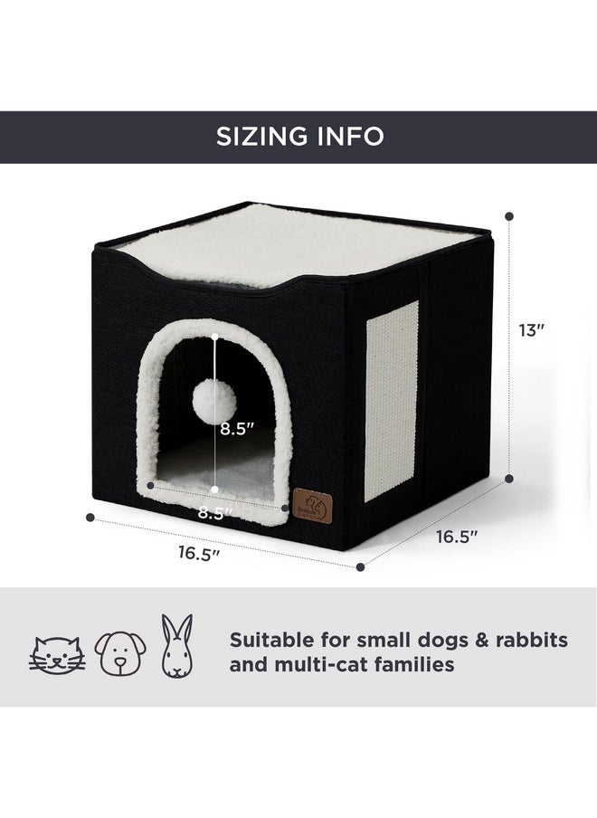 Bedsure Cat Beds for Indoor Cats - Large Cat Cave for Pet Cat House with Fluffy Ball Hanging and Scratch Pad, Foldable Cat Hideaway,16.5x16.5x13 inches, Black