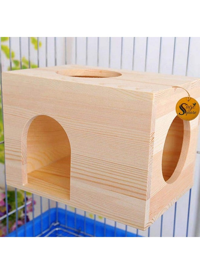 Sage Square Wood HideHouse Hut Hammock Sleeping Cabin Cage Accessory Toy for Hamsters, Hedgehog, SugarGlider, Birds, Rabbit, Small Guinea Pig