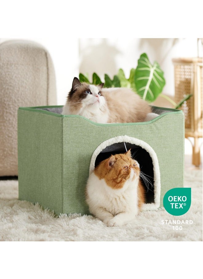 Bedsure Cat Beds for Indoor Cats - Large Cat Cave for Pet Cat House with Fluffy Ball Hanging and Scratch Pad, Foldable Cat Hideaway,16.5x16.5x13 inches, Green