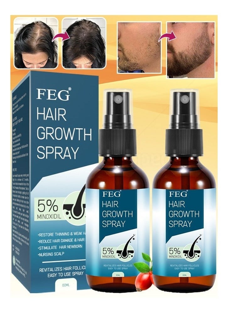 2 Pcs Hair Growth Spray 5% Minoxidil Hair Growth Oil Spray for Dry Damaged Hair and Growth Hair Scalp Oil Pure and Natural Hair Growth Serum Spray Hair Loss Treatment Oil Beard Growth Spray 60ml x 2