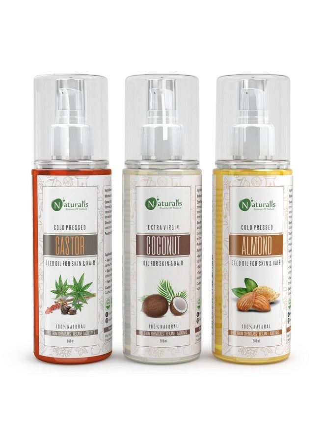 Naturalis Essence Of Nature Trio of castor/coconut/almond Oil for Skin & Hair (200ml Each)