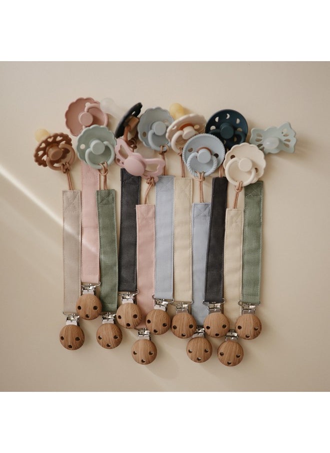 mushie Linen Baby Pacifier Clip Holder | Soft Fabric Strap, 2-Pack (Olive/Shifting Sand)