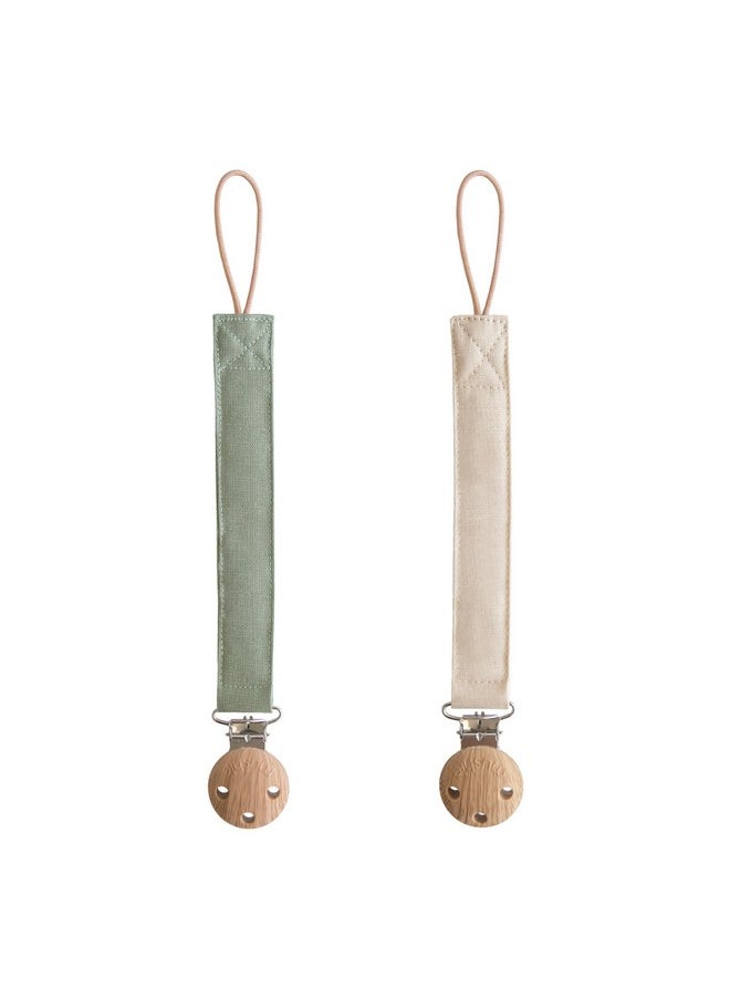 mushie Linen Baby Pacifier Clip Holder | Soft Fabric Strap, 2-Pack (Olive/Shifting Sand)