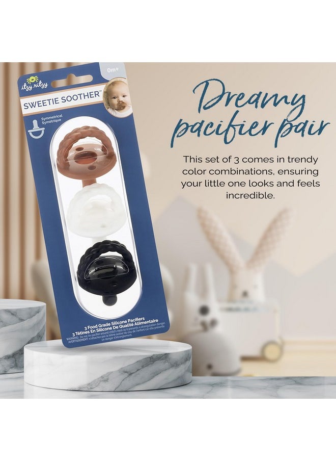 Itzy Ritzy Silicone Pacifiers for Newborn - Sweetie Soother Pacifiers Feature Collapsible Handle & Two Air Holes for Added Safety For Ages Newborn and Up, Coffee & Cream Set of 3 in White, Tan & Brown