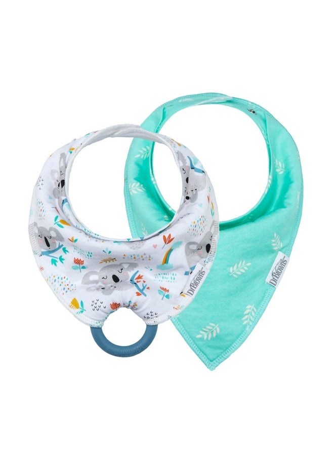 Dr. Brown's Bandana Bibs with Snap-On Removable Teether, Cotton Baby Bib with Soft Fleece Lining for Teething & Drooling, Koalas/Leaves, 2 Pack, 3m+