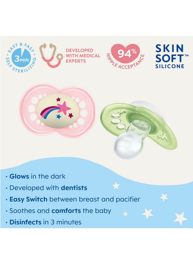 MAM Night Pacifiers (2 Count), MAM Pacifiers 6+ Months, Best Pacifier for Breastfed Babies, Glow in the Dark Pacifier, Baby Girl Pacifier (Design may vary), 6-16 (Pack of 2)