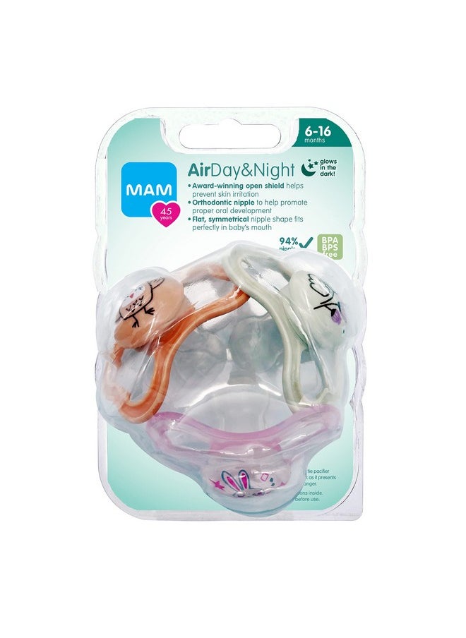 MAM Air Night & Day Baby Pacifier, for Sensitive Skin, Glows in The Dark, 6-16 Months, Girl, 3 Count (Pack of 1)