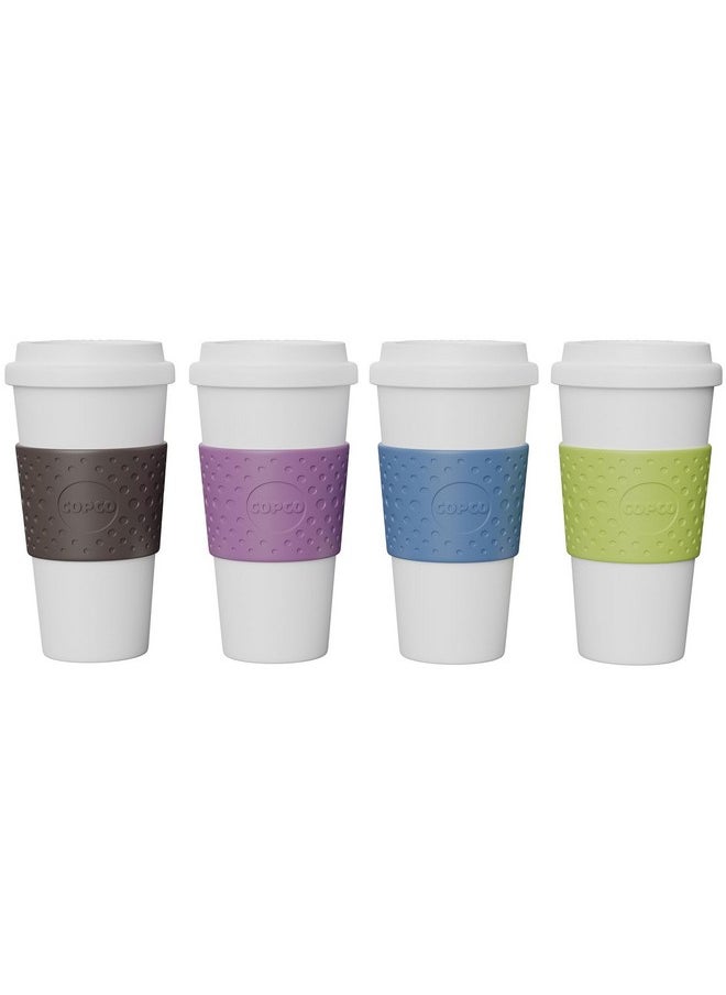 Copco Acadia Travel Mug (4-Pack), 16oz Insulated Coffee Mug with Double-Walled Plastic, Leak-Proof Lid - Microwave & Dishwasher Safe, Non-Slip Sleeve, Hot & Cold Drinks - Light Colors