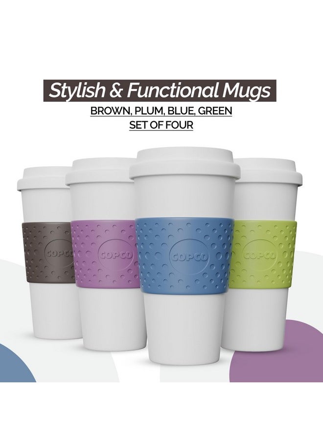 Copco Acadia Travel Mug (4-Pack), 16oz Insulated Coffee Mug with Double-Walled Plastic, Leak-Proof Lid - Microwave & Dishwasher Safe, Non-Slip Sleeve, Hot & Cold Drinks - Light Colors