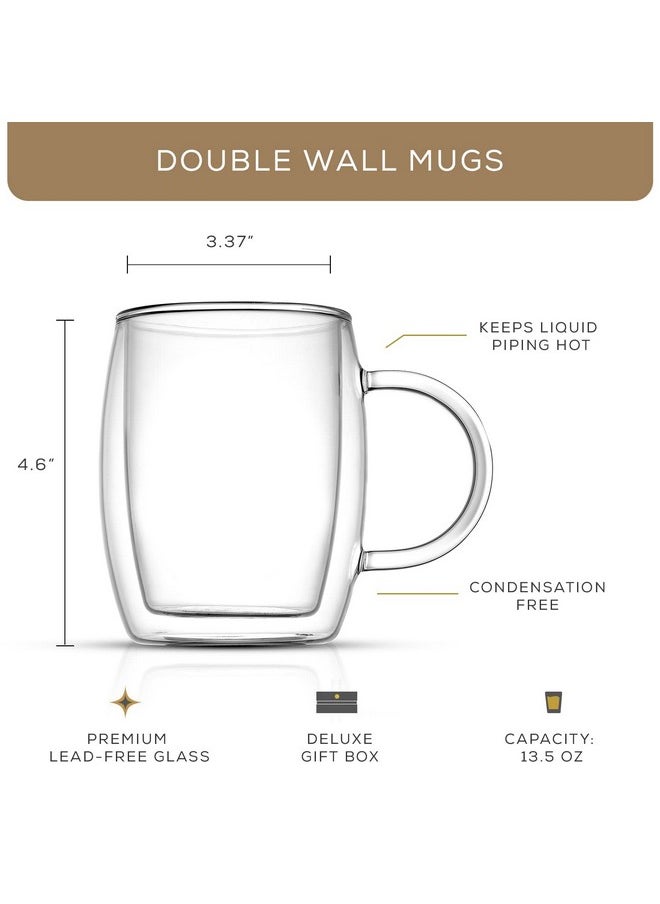 JoyJolt Double Wall Glass Coffee Mugs - 13.5oz Double Walled Glasses, Thermal Borosilicate Glass Insulated Coffee Mug. Clear Coffee Glass Cup, Cappuccino Mug, Iced Coffee Cup, Tea Mugs