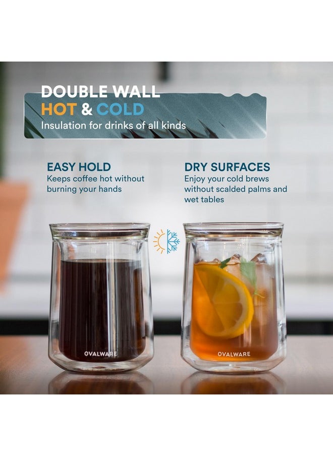 OVALWARE Double Wall Single Lip Insulated Glass Cup, Set of 2 (12oz / 350ml) - Borosilicate Glass For Coffee, Tea, Whiskey, Cocktails & All Beverages - Minimalistic & Durable Double-Wall Drinking Mug