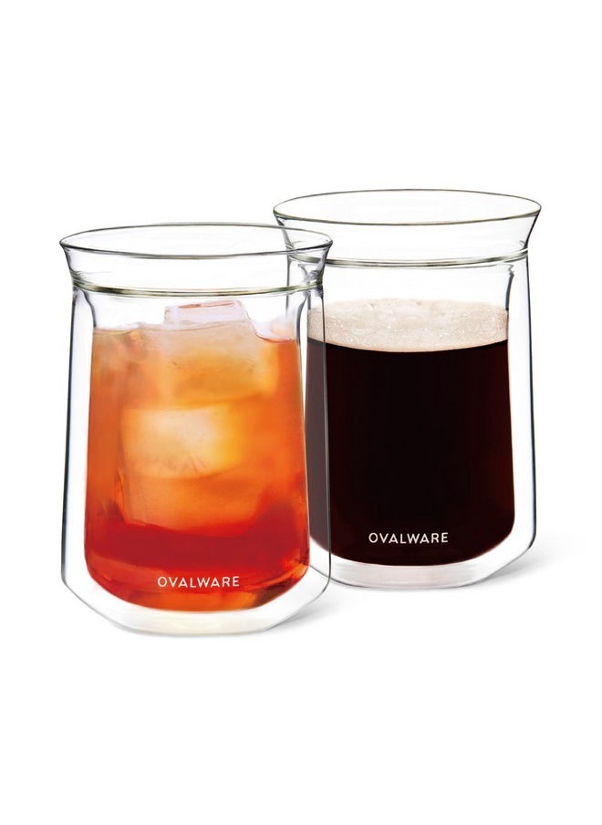 OVALWARE Double Wall Single Lip Insulated Glass Cup, Set of 2 (12oz / 350ml) - Borosilicate Glass For Coffee, Tea, Whiskey, Cocktails & All Beverages - Minimalistic & Durable Double-Wall Drinking Mug