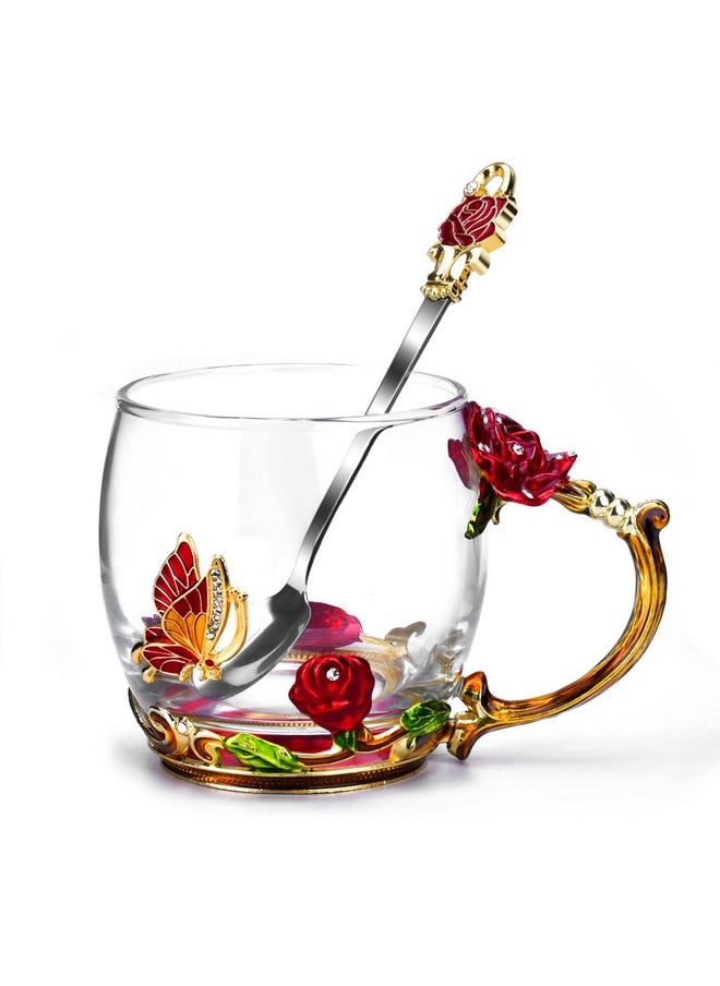 OEAGO Gifts for Mom Women Mothers Day Glass Coffee Enamels Mug Best Birthday Butterfly Rose Gifts for Her from Daughter Son Lead-Free Valentines Day Christmas Stocking Stuffers for Women Red Tea Cup