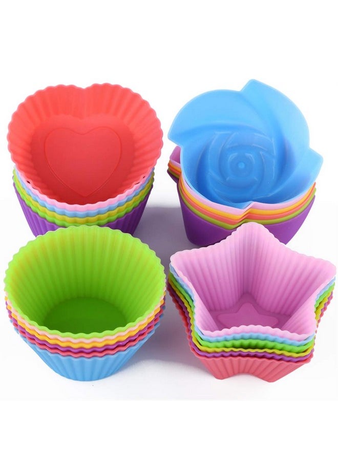 Reusable And Non-Stick Silicone Baking Cups/Muffin Cup Molds In Storage Container-24 Pack-6 Vibrant Colors-4 Shapes(Flower,Star,Heart,Round)