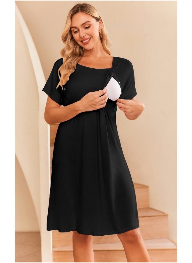 Ekouaer Womens, Nightgown Nightshirt, Short sleeve, Labor & Delivery Maternity button down nursing Gown for breastfeeding, Black, Large