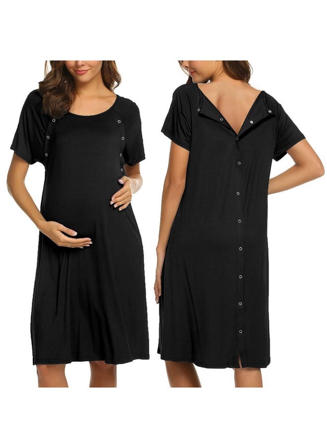 Ekouaer Womens, Nightgown Nightshirt, Short sleeve, Labor & Delivery Maternity button down nursing Gown for breastfeeding, Black, Large