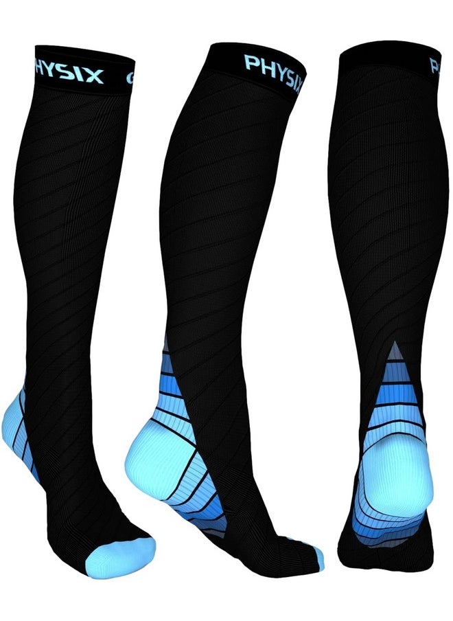 Physix Gear Compression Socks for Men & Women 20-30 mmhg Graduated Athletic for Running Nurses Shin Splints Flight Travel & Maternity Pregnancy - Boost Stamina Circulation & Recovery BLU XXL (1 Pair)