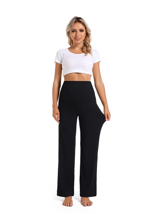 Foucome Women's Maternity Pants Casual Loose Wide Leg Cozy Pant Pregnancy Palazzo Lounge Trousers with Pockets (Black, M)