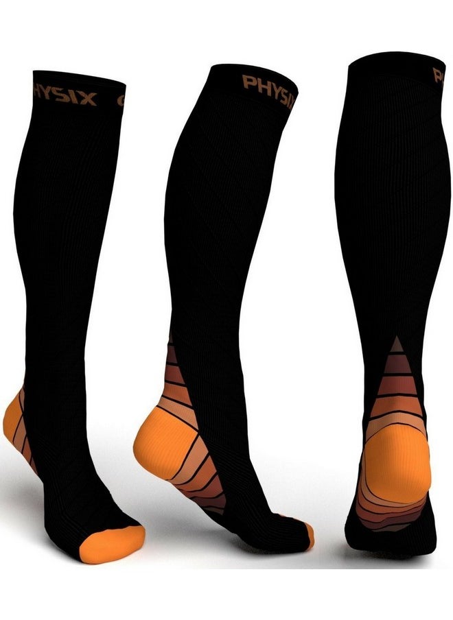 Physix Gear Compression Socks for Men & Women 20-30 mmhg Graduated Athletic for Running Nurses Shin Splints Flight Travel & Maternity Pregnancy - Boost Stamina Circulation & Recovery ORG LXL (1 Pair)