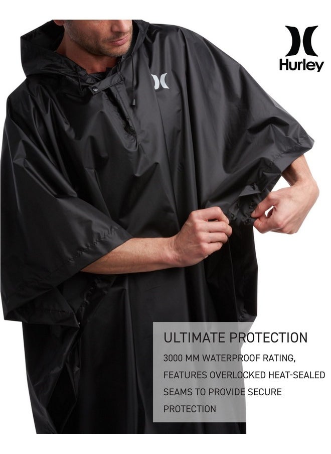 Hurley Unisex Rain Ponchos for Adults - Hooded Waterproof Rain Coats for Women and Men - Packable Rain Jacket for Travel, Black