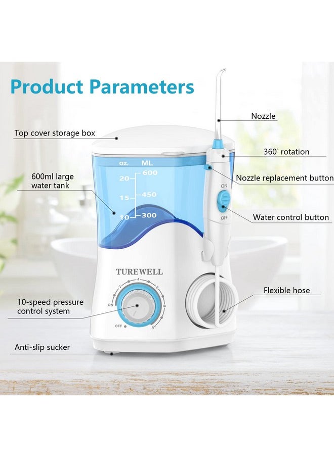 TUREWELL Water Dental Flosser for Teeth/Braces, Water Teeth Cleaner 8 Jet Tips and 10 Pressure Levels, 600ML Large Water Tank Oral Irrigator for Family(White)