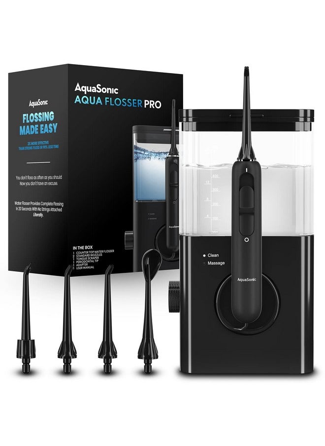 AquaSonic Aqua Flosser PRO | Professional Water Flosser with Large Capacity Reservoir | Oral Irrigator w/ 2 Modes, 10 levels of Water Pressure, 4 Included Tips | Sleek & Compact | Dentist Recommended