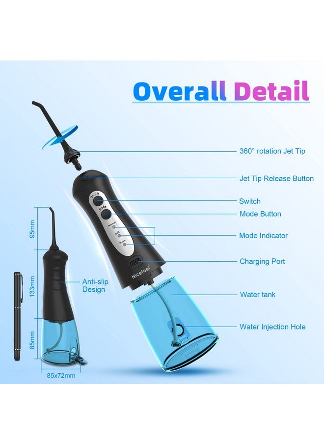 Cordless Water Flosser Teeth Cleaner, Nicefeel 300ML Portable and Rechargeable Oral Irrigator for Travel, IPX7 Waterproof, 3-Mode Water Flossing with 4 Jet Tips for Family