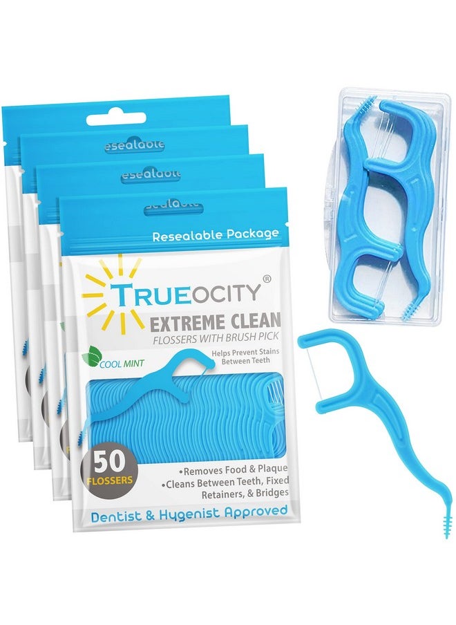 Trueocity Dental Flossers Brush Picks 4 Pack w/Travel Case (200 Total Count), Dental Floss Glides Easy Between Teeth, Flosser Helps Prevent Tooth Decay & Gum Disease, Easy Grip Handle, Mint Flavored