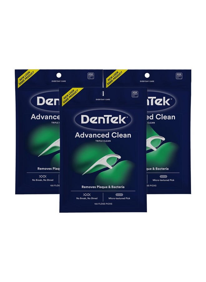 DenTek Triple Clean Advanced Clean Floss Picks, No Break & No Shred Floss, 150 Count, Pack of 3