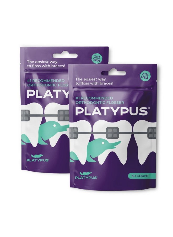 Platypus Orthodontic Flossers for Braces - Unique Structure Fits Under Arch Wire, Floss Entire Mouth in Less Than Two Minutes, Increases Flossing Compliance Over 84% - 30 Count Bag (Pack of 2)