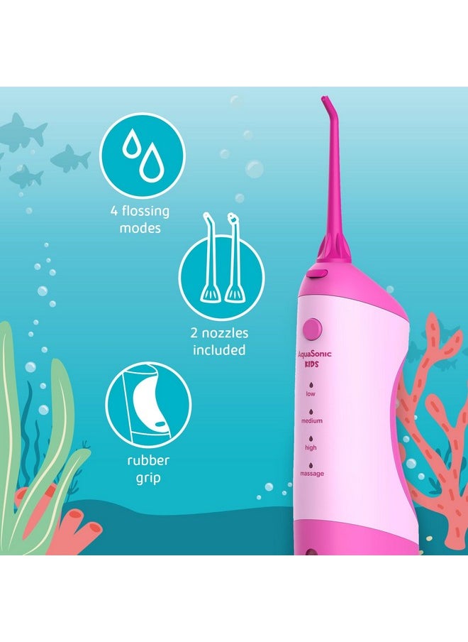 AquaSonic Kids' Water Flosser for Ages 6+ | Standard Nozzle, Orthodontic Nozzle & Waterproof Stickers | 4 Flossing Modes | Aquarium Adventures Theme (Pink)