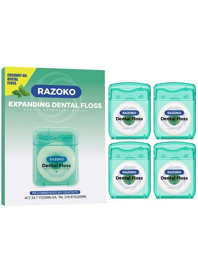 RAZOKO Coconut Oil Dental Floss Expanding Dental Floss Suitable for Wide Spaces (55 Yards, 4 Count) - Mint Flavor