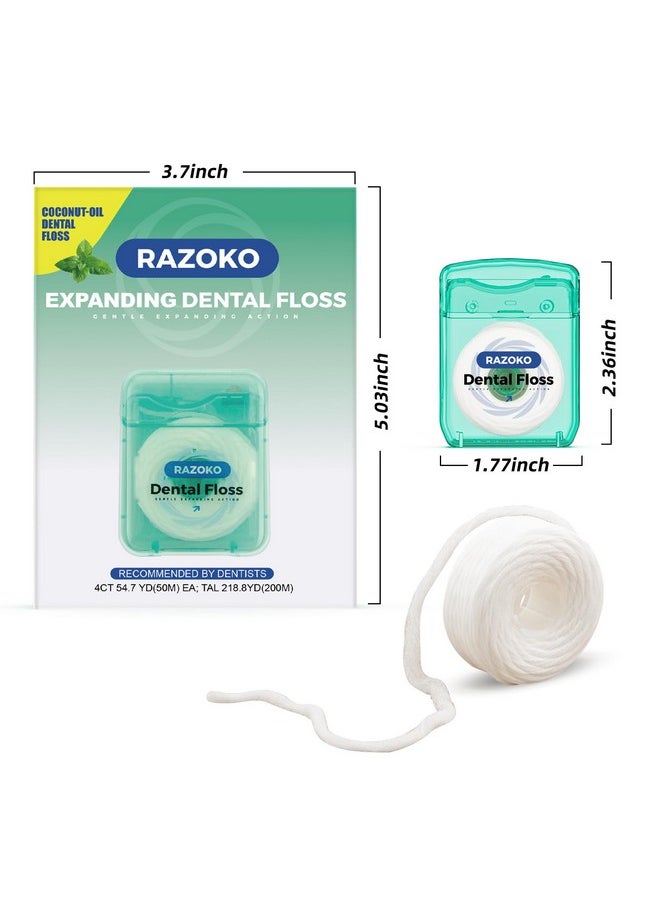 RAZOKO Coconut Oil Dental Floss Expanding Dental Floss Suitable for Wide Spaces (55 Yards, 4 Count) - Mint Flavor