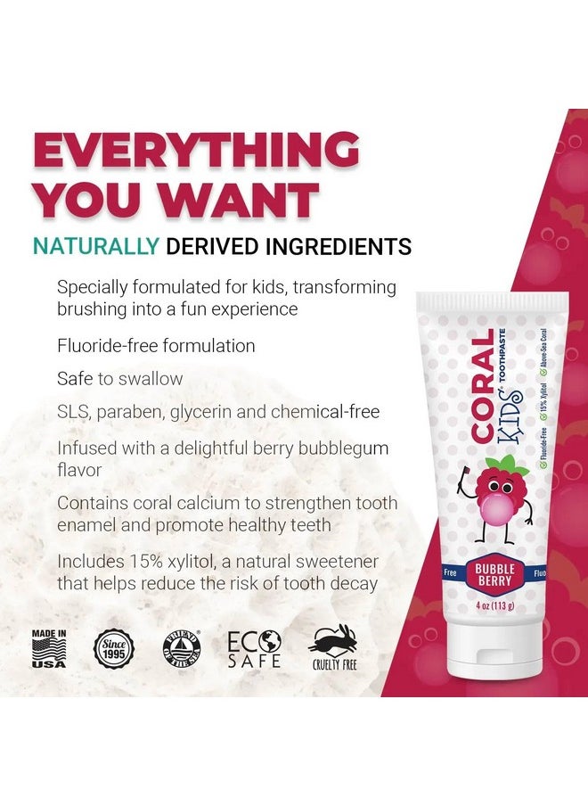 Coral White Kids Bubble Berry Toddler, Childrens,Fluoride Free Toothpaste - 4 Ounces (1 Pack)