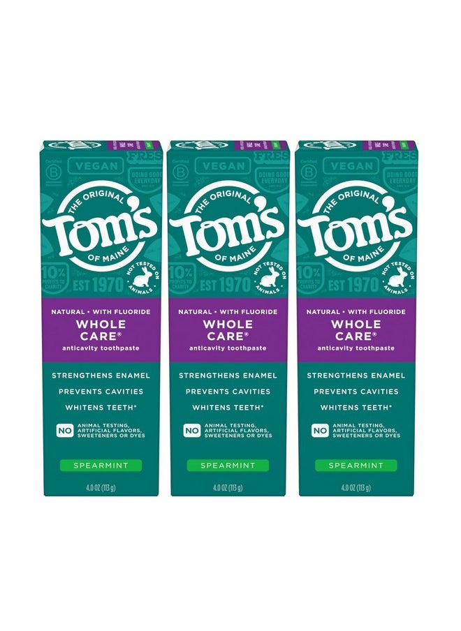 Tom's of Maine Whole Care Natural Toothpaste with Fluoride, Spearmint, 4 Ounce (Pack of 3), (Packaging May Vary)