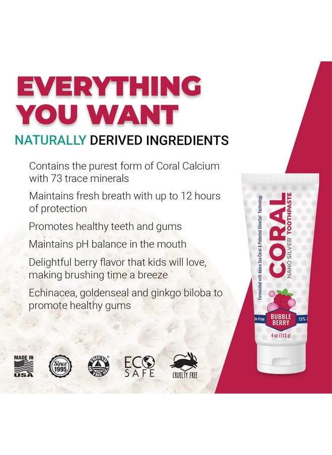 Coral Nano Silver Bubble Berry Kids Toothpaste, Natural Fluoride Free Teeth Whitening Toothpaste, Coral Calcium Nano Silver Infused SLS Free - 4 Ounces