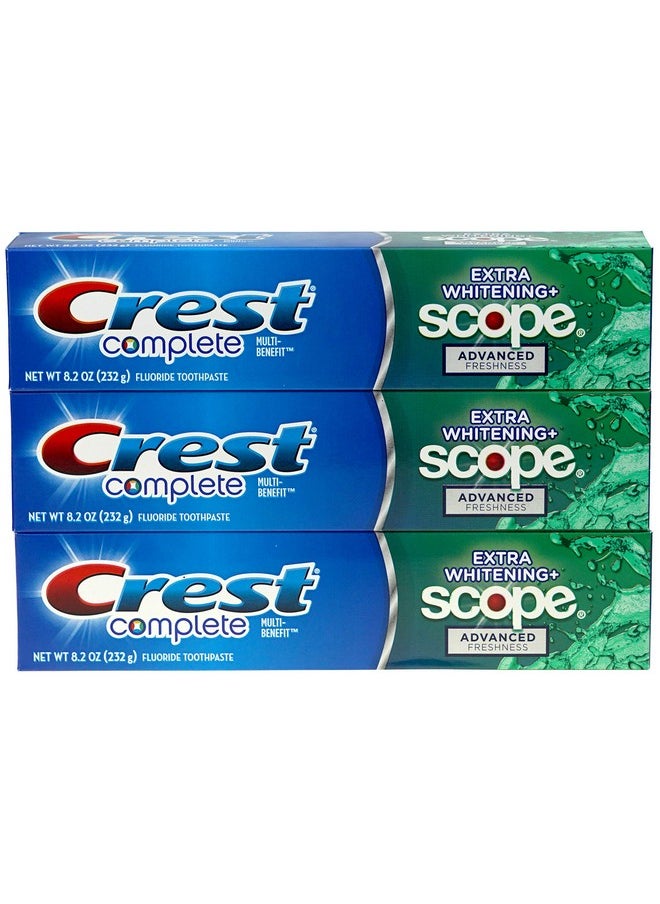 Crest Complete Multi-Benefit Fluoride Toothpaste - Extra Whitening and Scope Advanced Freshness - 8.2 oz each, 3 count