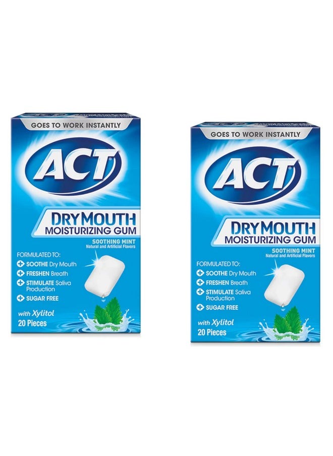 ACT Dry Mouth Moisturizing Gum, Soothing Mint, Sugar Free, 20 Count (Pack of 2)