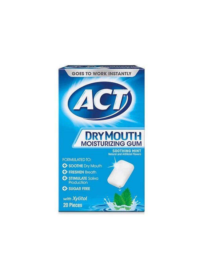 ACT Dry Mouth Moisturizing Gum, Soothing Mint, Sugar Free, 20 Count (Pack of 2)