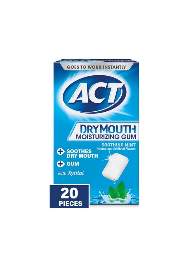 ACT Dry Mouth Moisturizing Gum, Soothing Mint, Sugar Free, 20 Count (Pack of 2)