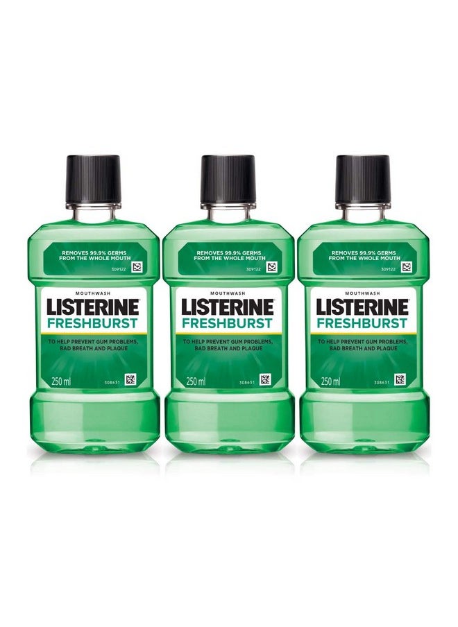 Listerine Fresh Burst Mouthwash Liquid, Removes 99.9% Germs, 250ml (Pack of 3)