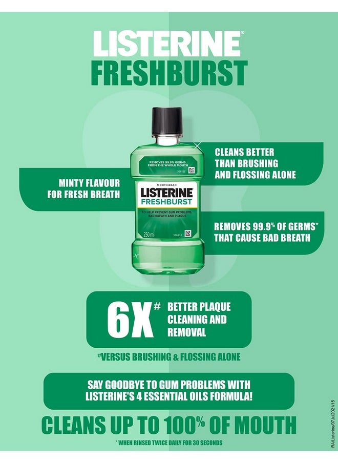 Listerine Fresh Burst Mouthwash Liquid, Removes 99.9% Germs, 250ml (Pack of 3)