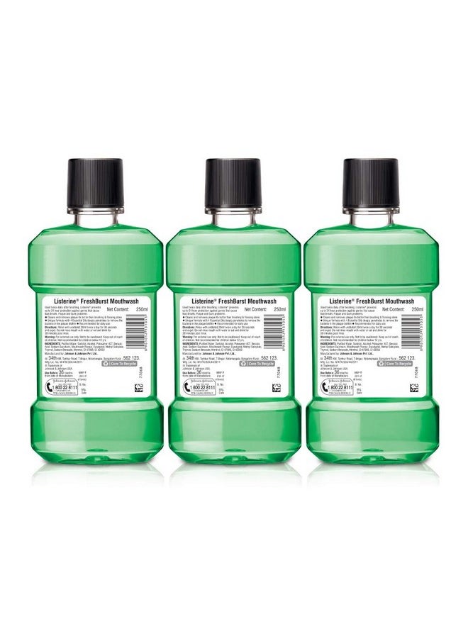 Listerine Fresh Burst Mouthwash Liquid, Removes 99.9% Germs, 250ml (Pack of 3)