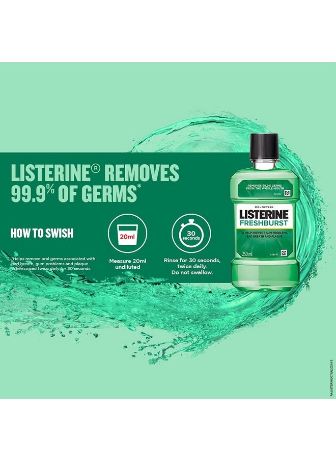 Listerine Fresh Burst Mouthwash Liquid, Removes 99.9% Germs, 250ml (Pack of 3)