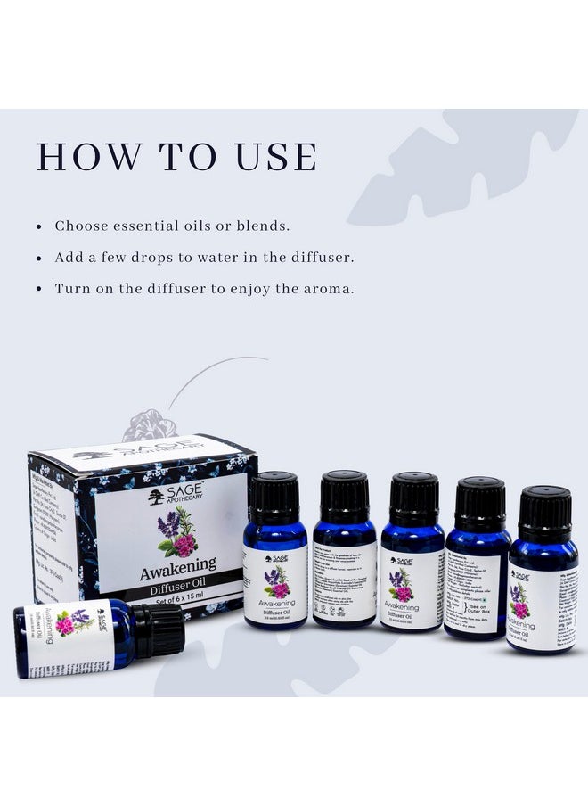 Blend Essential Diffuser Oil 15 Ml, Awakening Diffuser Oil Pure & Natural Aroma Therapy Oil Cruelty Free & Vegan - 15Ml X 6Pcs