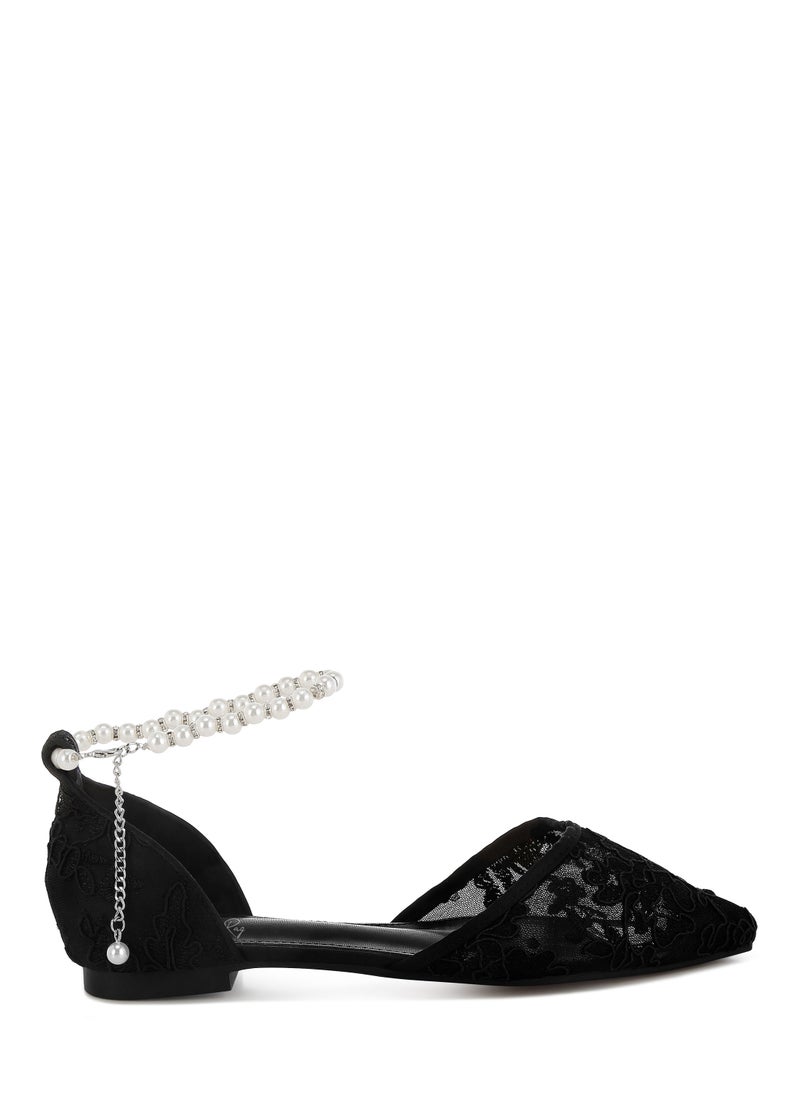 Pearl & Rhinestone Strap Flat Sandals in Black