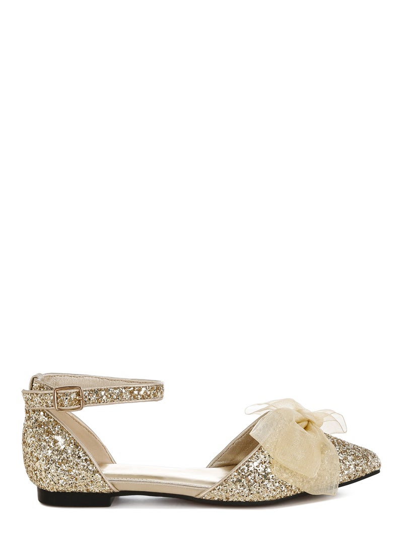 Sheer Bow Detail Glitter Flat Sandals in Gold