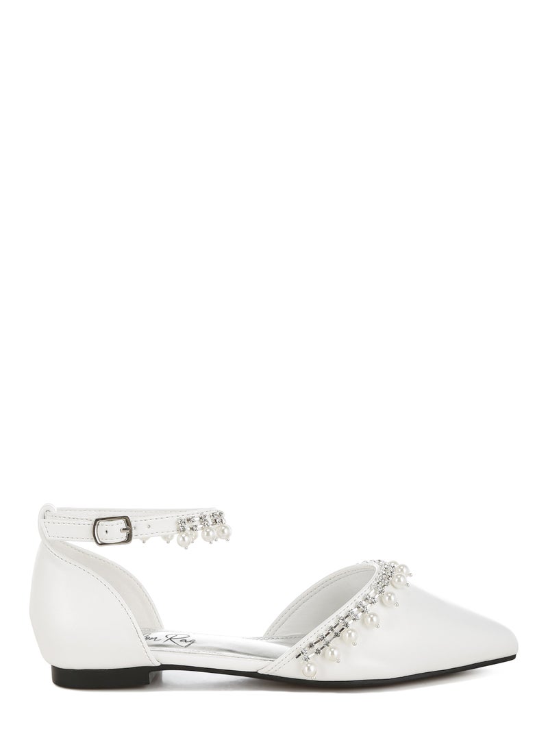 Rhinestone & Pearl Ankle Strap Flat Sandals in White