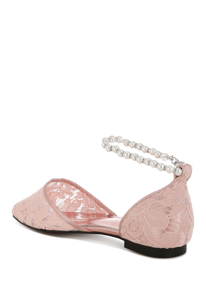 Pearl & Rhinestone Strap Flat Sandals in Blush