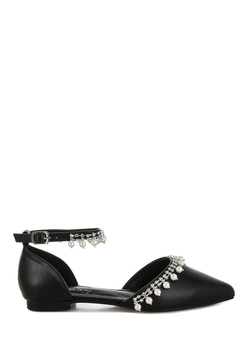 Rhinestone & Pearl Ankle Strap Flat Sandals in Black